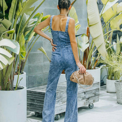 Women's Vintage Strap Denim Overalls Stretchy Sleeveless Jumpsuit Jeans Pants