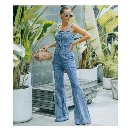 Women's Vintage Strap Denim Overalls Stretchy Sleeveless Jumpsuit Jeans Pants