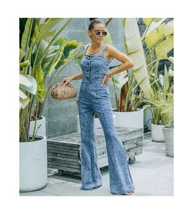 Women's Vintage Strap Denim Overalls Stretchy Sleeveless Jumpsuit Jeans Pants