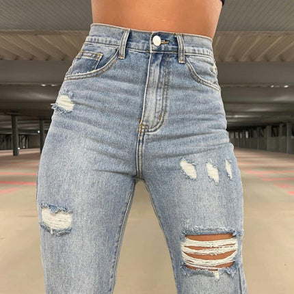 Women Ripped Distressed Straight Leg Boyfriend Skinny Split Jeans