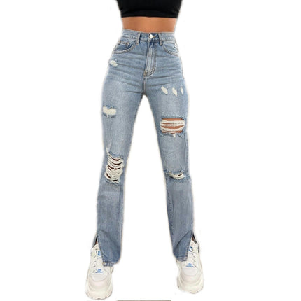 Women Ripped Distressed Straight Leg Boyfriend Skinny Split Jeans