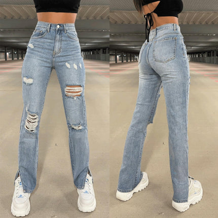 Women Ripped Distressed Straight Leg Boyfriend Skinny Split Jeans