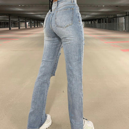 Women Ripped Distressed Straight Leg Boyfriend Skinny Split Jeans