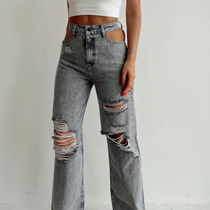 Women's High Waisted Ripped Jeans Cut Out Straight Leg Denim Pants