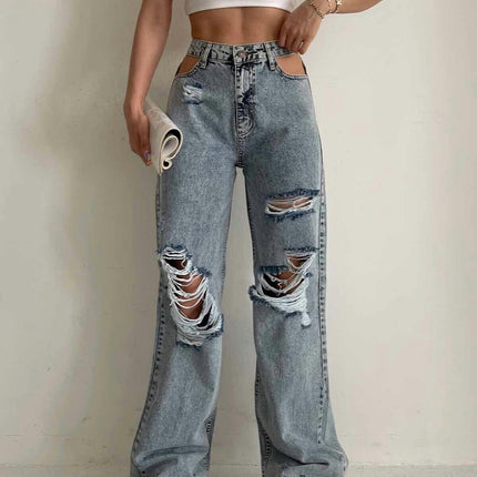 Women's High Waisted Ripped Jeans Cut Out Straight Leg Denim Pants