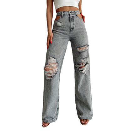 Women's High Waisted Ripped Jeans Cut Out Straight Leg Denim Pants