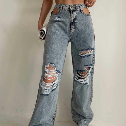 Women's High Waisted Ripped Jeans Cut Out Straight Leg Denim Pants