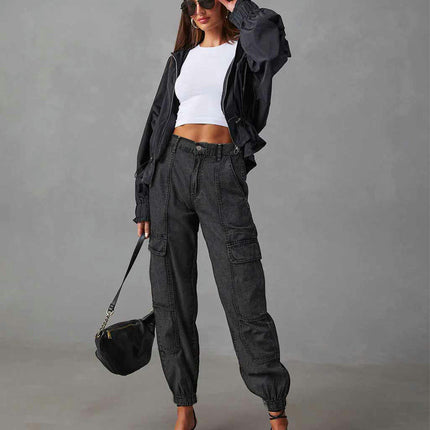 Jean Joggers for Women High Waisted Pull-On Elastic Waist Denim Cargo Pants