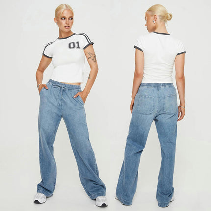 Wide Leg Jeans for Women Elastic Wasited Baggy Denim Pants