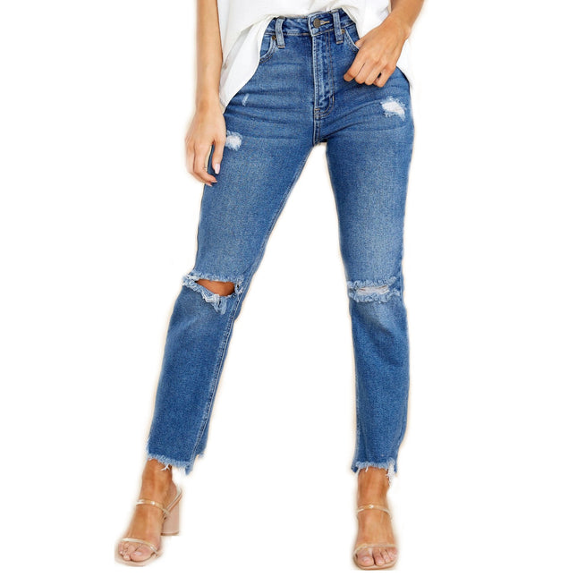 Women's Ripped Mid Waisted Jeans Boyfriend Distressed Denim Pants