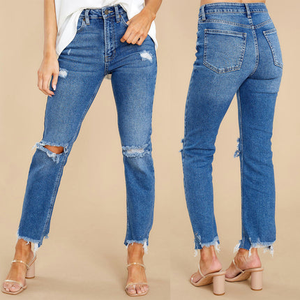 Women's Ripped Mid Waisted Jeans Boyfriend Distressed Denim Pants