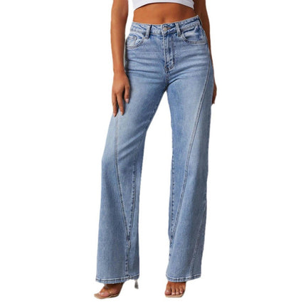 Women's Casual Mid Waisted Denim Pants Straight Wide Leg Jeans