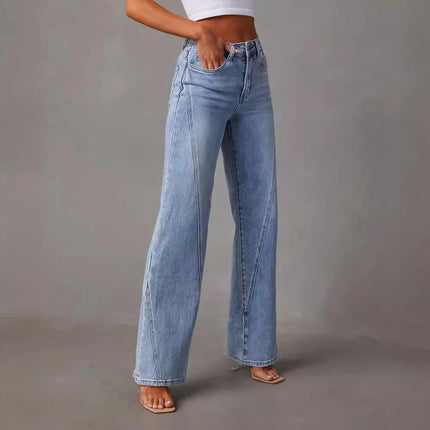 Women's Casual Mid Waisted Denim Pants Straight Wide Leg Jeans