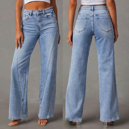 Women's Casual Mid Waisted Denim Pants Straight Wide Leg Jeans