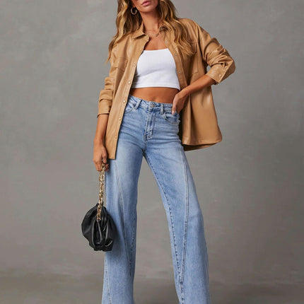 Women's Casual Mid Waisted Denim Pants Straight Wide Leg Jeans