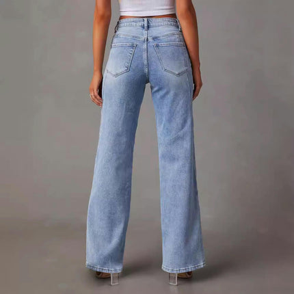 Women's Casual Mid Waisted Denim Pants Straight Wide Leg Jeans