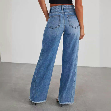 Women's Casual Mid Waisted Denim Pants Wide Leg Raw Hem Jeans