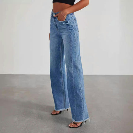 Women's Casual Mid Waisted Denim Pants Wide Leg Raw Hem Jeans