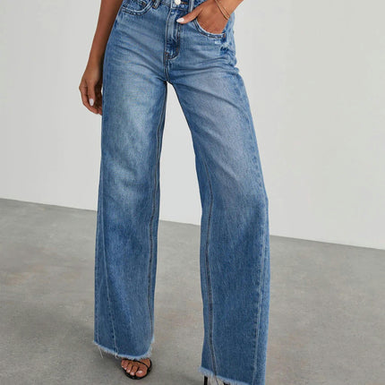 Women's Casual Mid Waisted Denim Pants Wide Leg Raw Hem Jeans