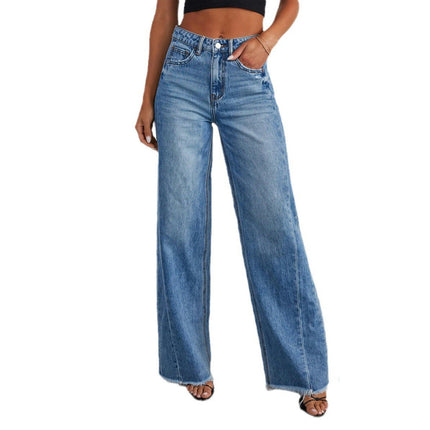 Women's Casual Mid Waisted Denim Pants Wide Leg Raw Hem Jeans