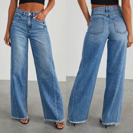 Women's Casual Mid Waisted Denim Pants Wide Leg Raw Hem Jeans