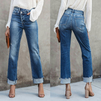 Women's Casual Mid Waisted Denim Pants Straight Leg Ripped Jeans