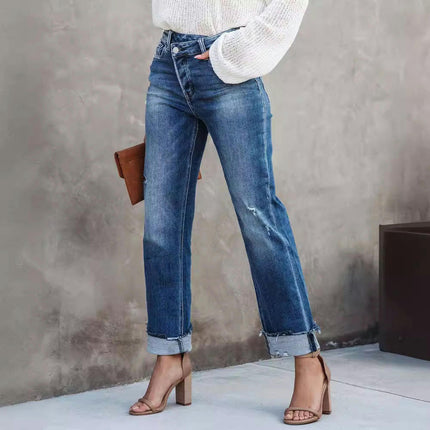 Women's Casual Mid Waisted Denim Pants Straight Leg Ripped Jeans