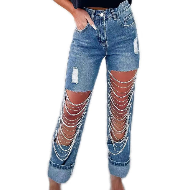 Cut Out Ripped Jeans for Women Straight Leg Mid Waisted Denim Pants