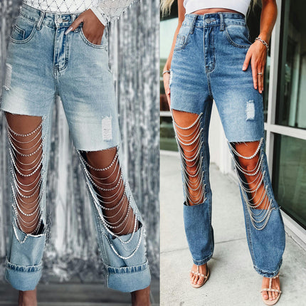 Cut Out Ripped Jeans for Women Straight Leg Mid Waisted Denim Pants