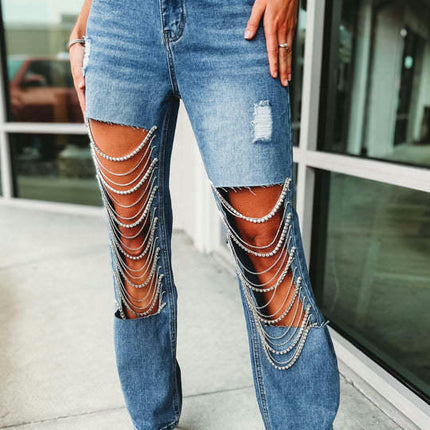 Cut Out Ripped Jeans for Women Straight Leg Mid Waisted Denim Pants