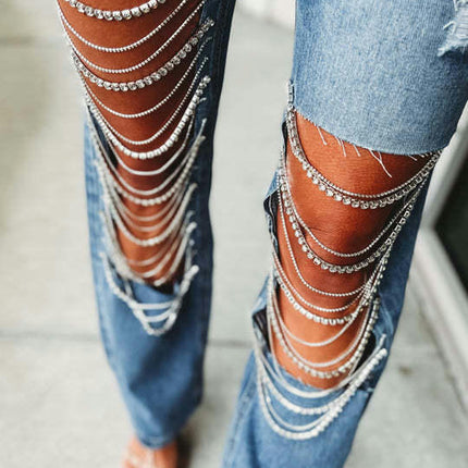 Cut Out Ripped Jeans for Women Straight Leg Mid Waisted Denim Pants