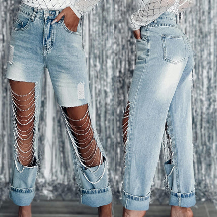 Cut Out Ripped Jeans for Women Straight Leg Mid Waisted Denim Pants