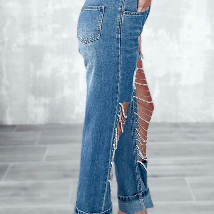 Cut Out Ripped Jeans for Women Straight Leg Mid Waisted Denim Pants