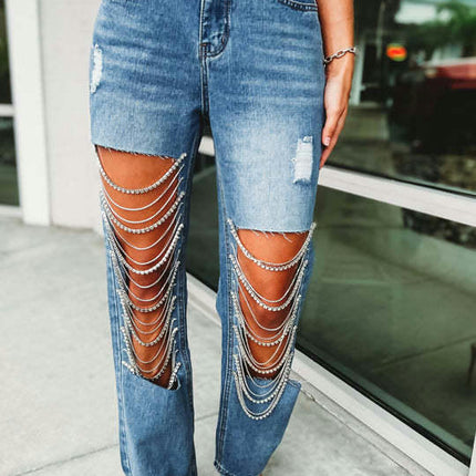 Cut Out Ripped Jeans for Women Straight Leg Mid Waisted Denim Pants