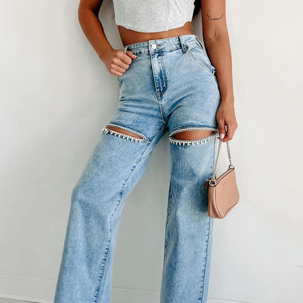 Cut Out Ripped Jeans for Women Straight Wide Leg High Waisted Denim Pants