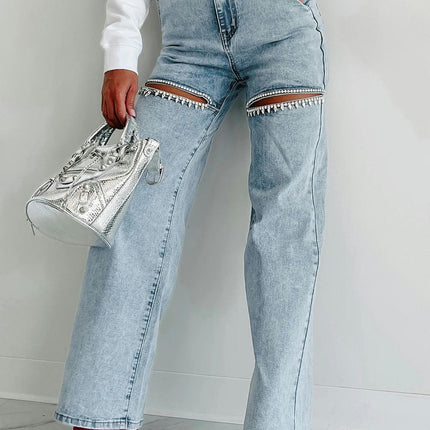 Cut Out Ripped Jeans for Women Straight Wide Leg High Waisted Denim Pants