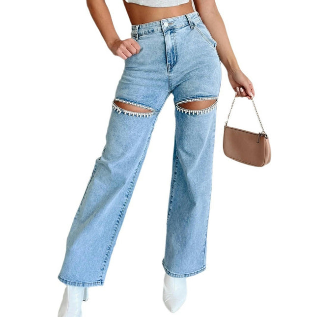 Cut Out Ripped Jeans for Women Straight Wide Leg High Waisted Denim Pants