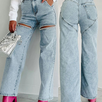 Cut Out Ripped Jeans for Women Straight Wide Leg High Waisted Denim Pants