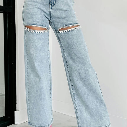 Cut Out Ripped Jeans for Women Straight Wide Leg High Waisted Denim Pants