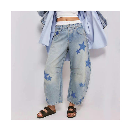 Mid Rise Barrel Jeans for Women Print Wide Leg Baggy Boyfriend Denim Pants