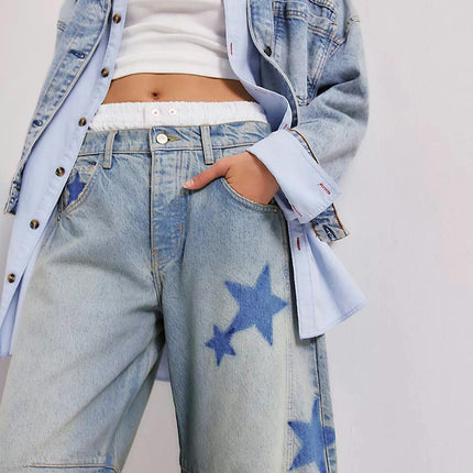 Mid Rise Barrel Jeans for Women Print Wide Leg Baggy Boyfriend Denim Pants