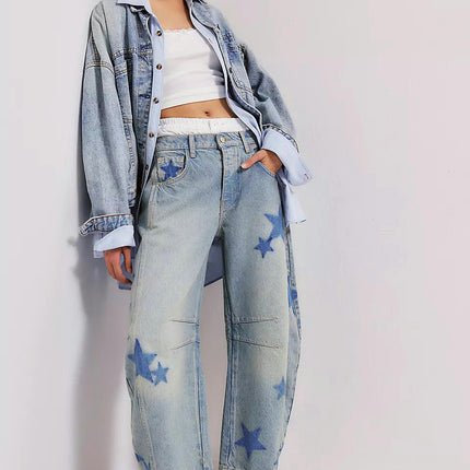 Mid Rise Barrel Jeans for Women Print Wide Leg Baggy Boyfriend Denim Pants