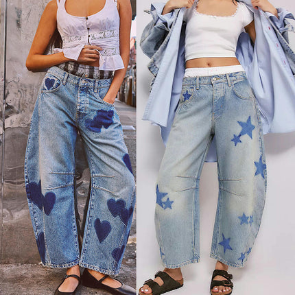 Mid Rise Barrel Jeans for Women Print Wide Leg Baggy Boyfriend Denim Pants