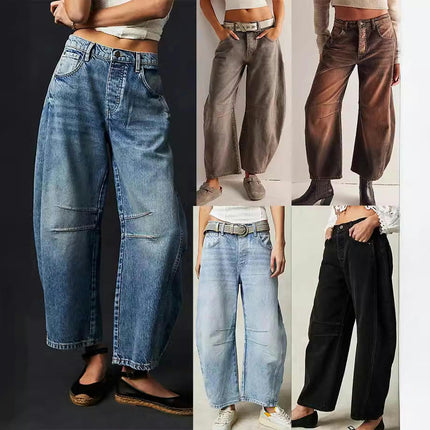 Mid Rise Barrel Jeans for Women Wide Leg Baggy Boyfriend Denim Pants