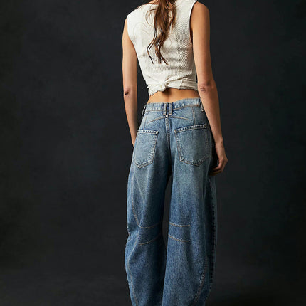 Mid Rise Barrel Jeans for Women Wide Leg Baggy Boyfriend Denim Pants