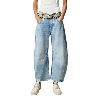 Mid Rise Barrel Jeans for Women Wide Leg Baggy Boyfriend Denim Pants