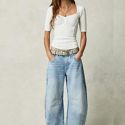 Mid Rise Barrel Jeans for Women Wide Leg Baggy Boyfriend Denim Pants