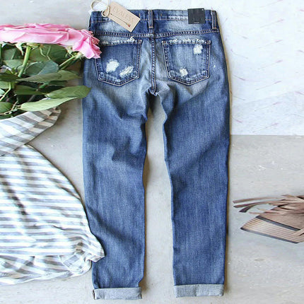 Ripped Boyfriend Jeans for Women Patch Distressed Denim Pants