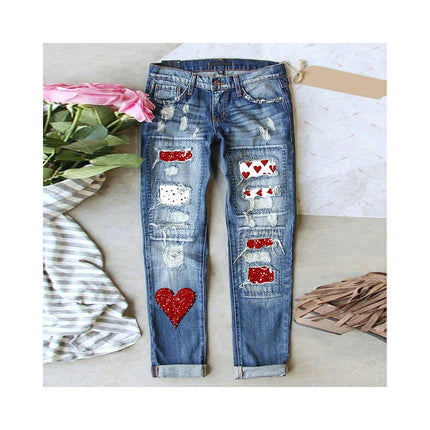 Ripped Boyfriend Jeans for Women Patch Distressed Denim Pants