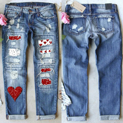 Ripped Boyfriend Jeans for Women Patch Distressed Denim Pants